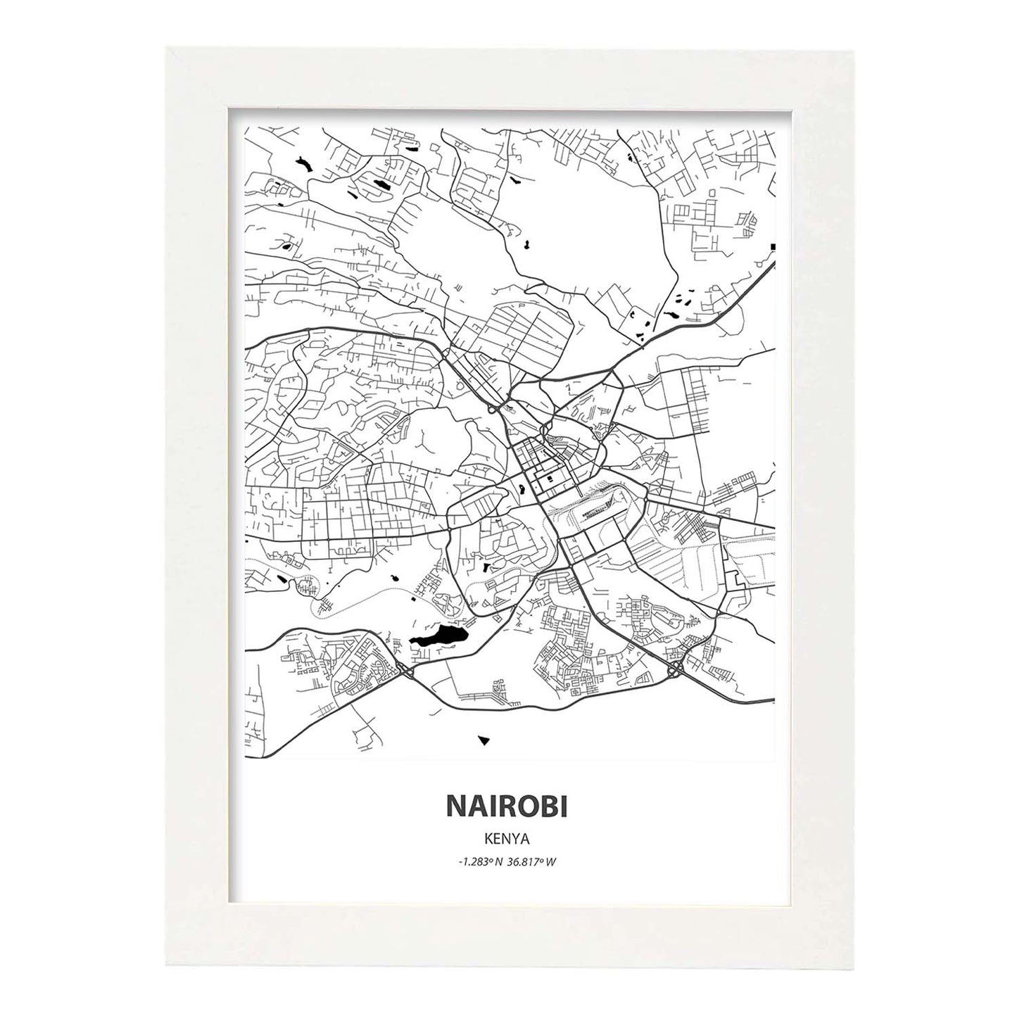 Poster con mapa de Nairobi - Kenia. Láminas de ciudades de África con mares y ríos en color negro.-Artwork-Nacnic-A3-Marco Blanco-Nacnic Estudio SL