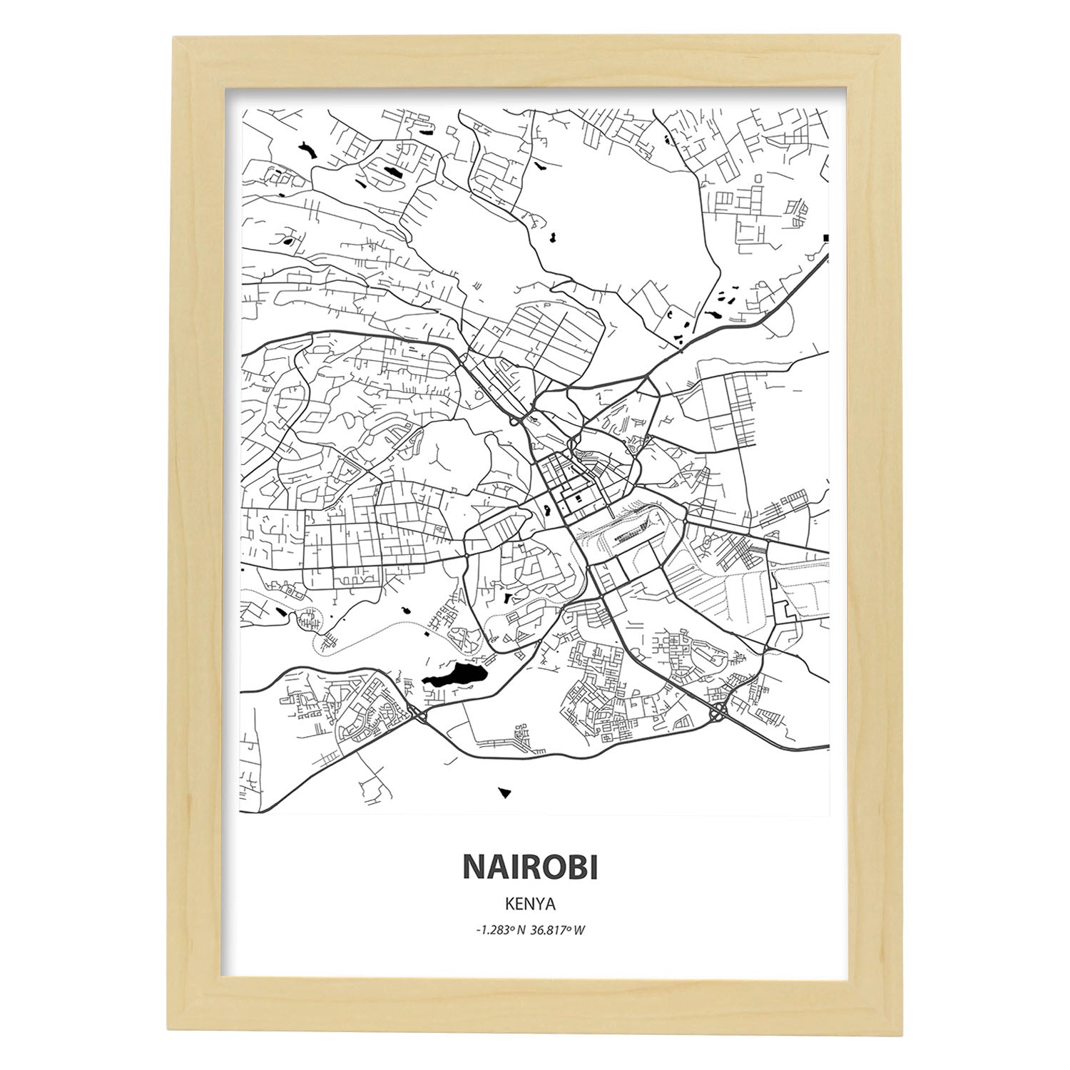 Poster con mapa de Nairobi - Kenia. Láminas de ciudades de África con mares y ríos en color negro.-Artwork-Nacnic-A3-Marco Madera clara-Nacnic Estudio SL
