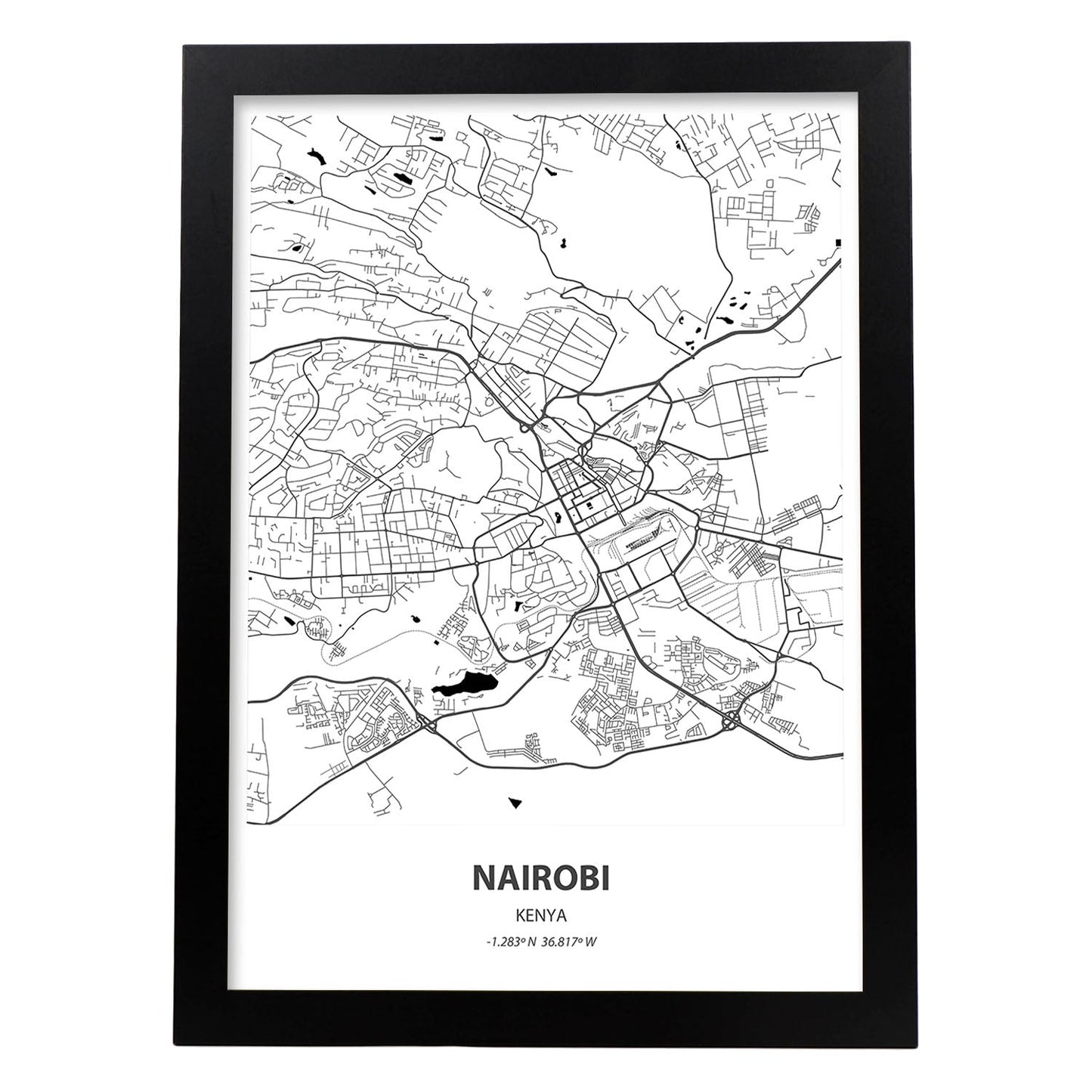 Poster con mapa de Nairobi - Kenia. Láminas de ciudades de África con mares y ríos en color negro.-Artwork-Nacnic-A3-Marco Negro-Nacnic Estudio SL