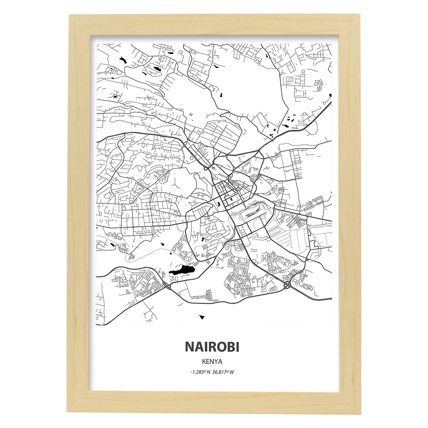 Poster con mapa de Nairobi - Kenia. Láminas de ciudades de África con mares y ríos en color negro.-Artwork-Nacnic-A4-Marco Madera clara-Nacnic Estudio SL