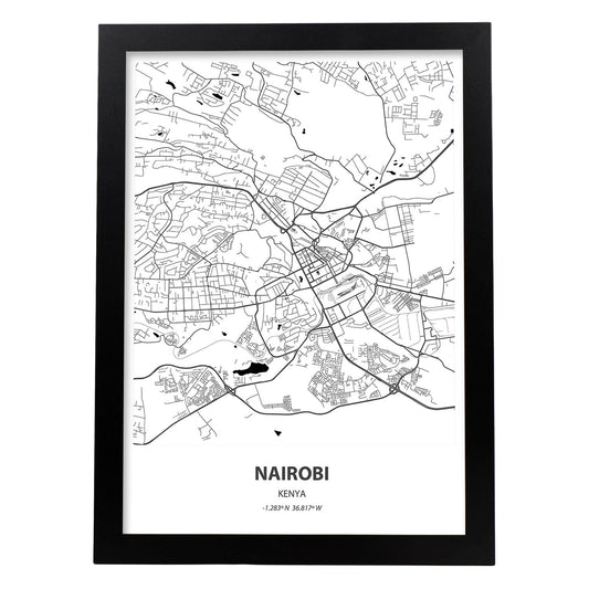 Poster con mapa de Nairobi - Kenia. Láminas de ciudades de África con mares y ríos en color negro.-Artwork-Nacnic-A4-Marco Negro-Nacnic Estudio SL