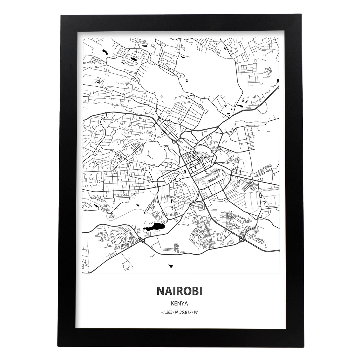 Poster con mapa de Nairobi - Kenia. Láminas de ciudades de África con mares y ríos en color negro.-Artwork-Nacnic-A4-Marco Negro-Nacnic Estudio SL
