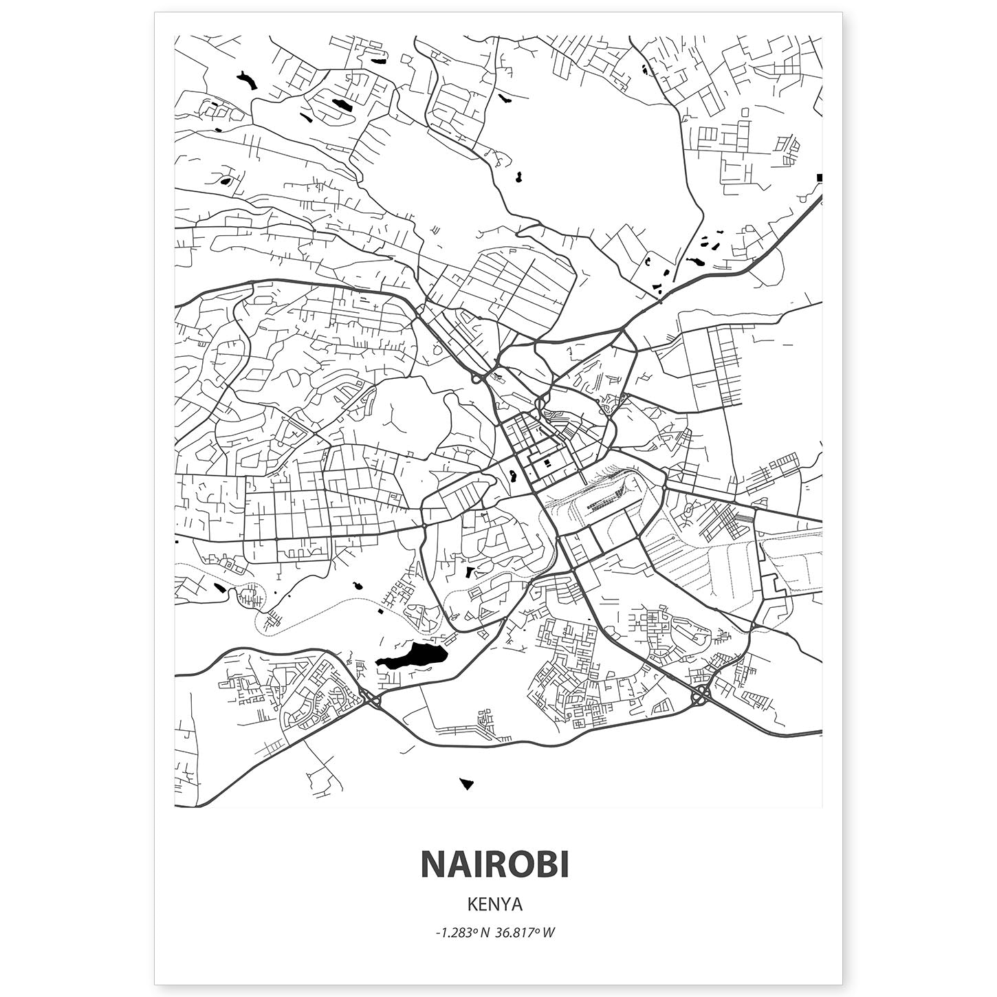 Poster con mapa de Nairobi - Kenia. Láminas de ciudades de África con mares y ríos en color negro.-Artwork-Nacnic-A4-Sin marco-Nacnic Estudio SL
