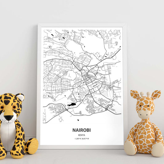 Poster con mapa de Nairobi - Kenia. Láminas de ciudades de África con mares y ríos en color negro.-Artwork-Nacnic-Nacnic Estudio SL