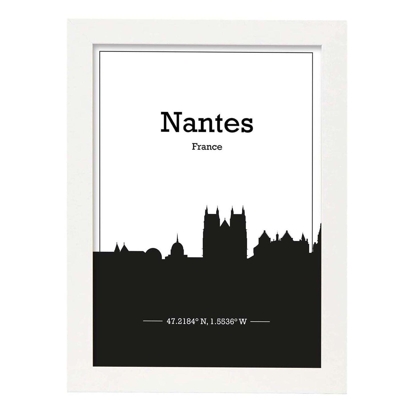 Poster con mapa de Nantes - Francia. Láminas con Skyline de ciudades de Francia con sombra negra.-Artwork-Nacnic-A3-Marco Blanco-Nacnic Estudio SL