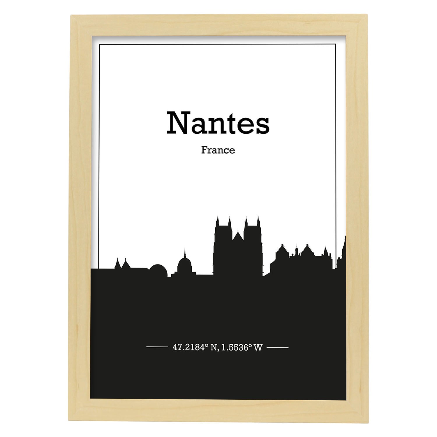 Poster con mapa de Nantes - Francia. Láminas con Skyline de ciudades de Francia con sombra negra.-Artwork-Nacnic-A3-Marco Madera clara-Nacnic Estudio SL