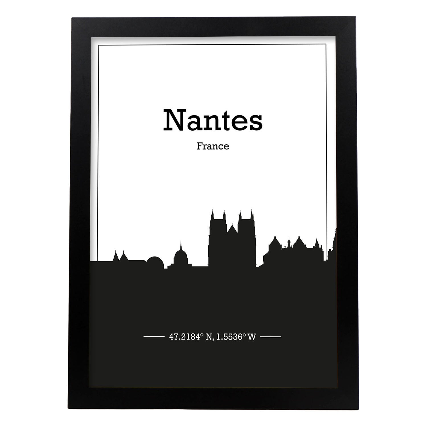 Poster con mapa de Nantes - Francia. Láminas con Skyline de ciudades de Francia con sombra negra.-Artwork-Nacnic-A3-Marco Negro-Nacnic Estudio SL