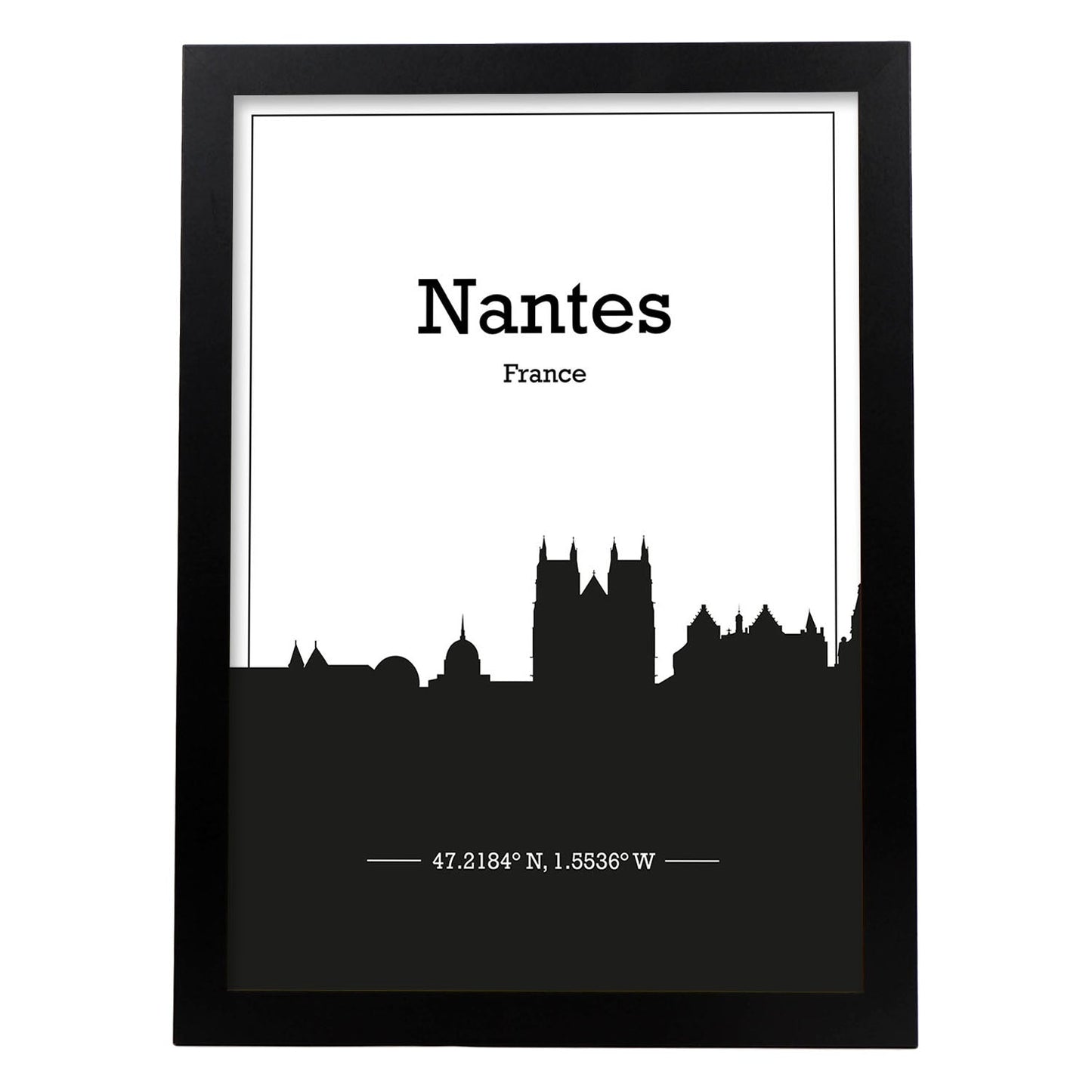 Poster con mapa de Nantes - Francia. Láminas con Skyline de ciudades de Francia con sombra negra.-Artwork-Nacnic-A4-Marco Negro-Nacnic Estudio SL