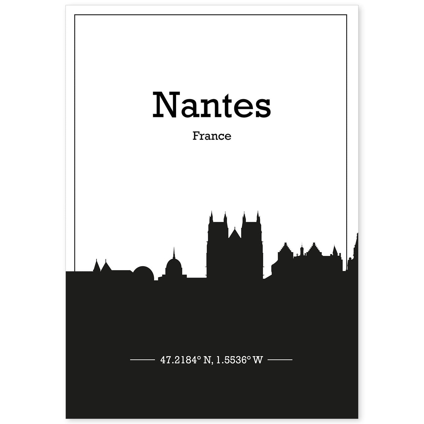Poster con mapa de Nantes - Francia. Láminas con Skyline de ciudades de Francia con sombra negra.-Artwork-Nacnic-A4-Sin marco-Nacnic Estudio SL