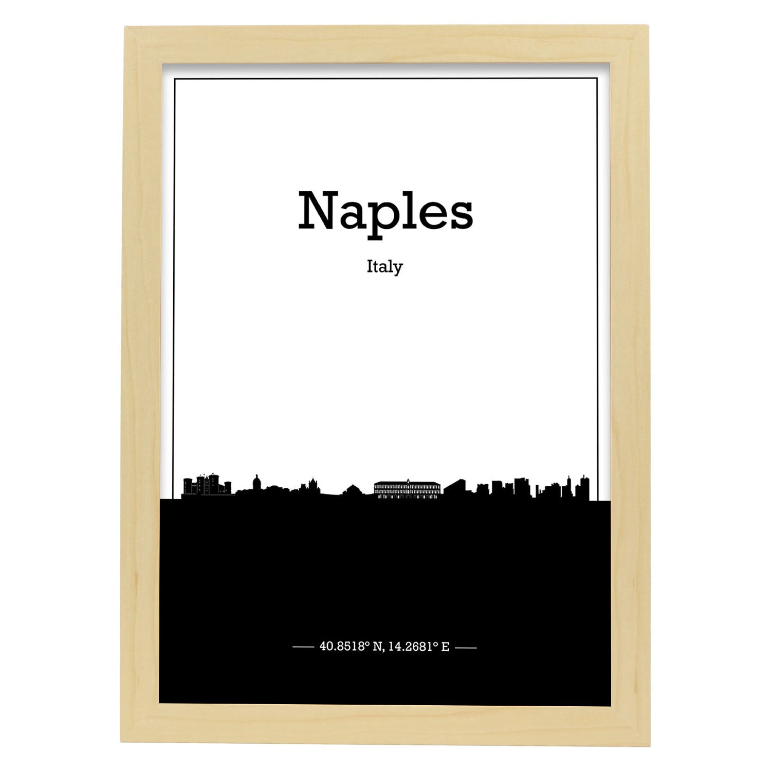 Poster con mapa de Naples - Italia. Láminas con Skyline de ciudades de Italia con sombra negra.-Artwork-Nacnic-A3-Marco Madera clara-Nacnic Estudio SL