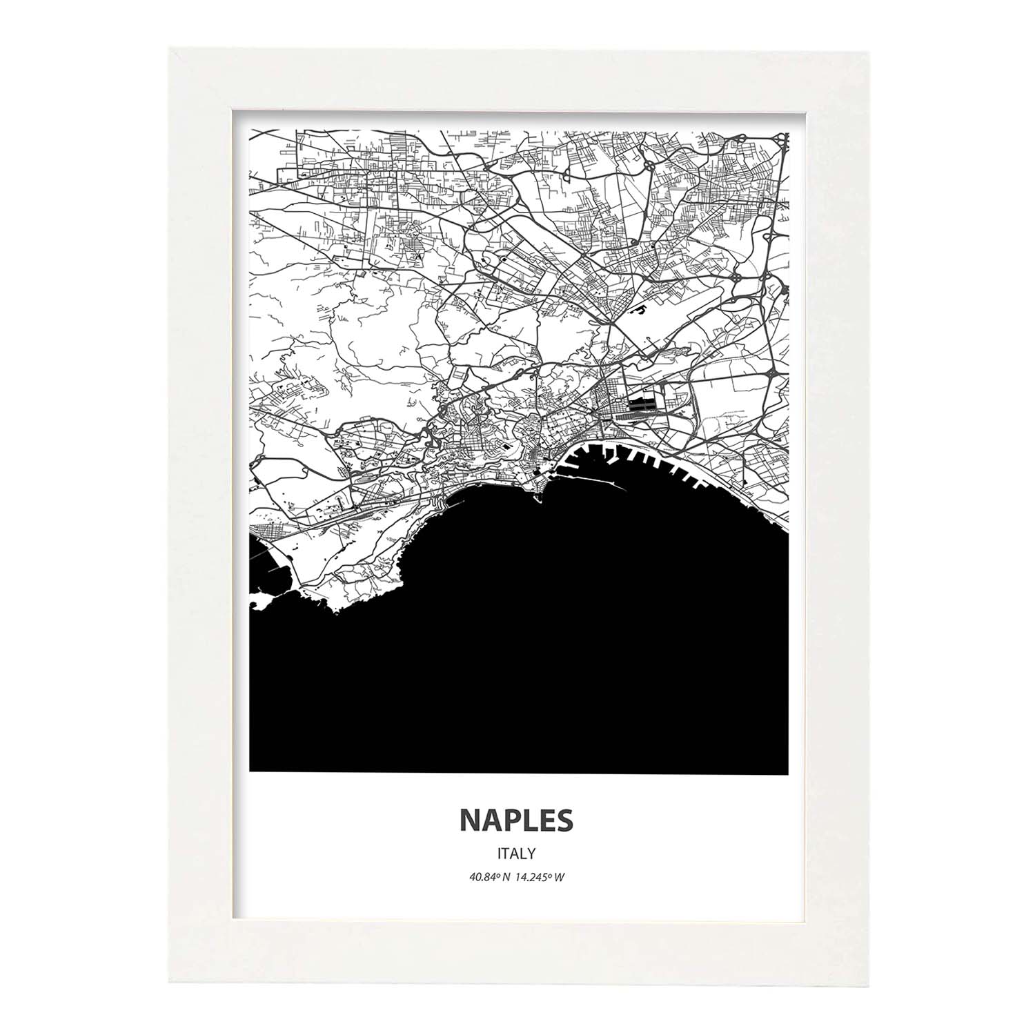 Poster con mapa de Naples - Italia. Láminas de ciudades de Italia con mares y ríos en color negro.-Artwork-Nacnic-A3-Marco Blanco-Nacnic Estudio SL