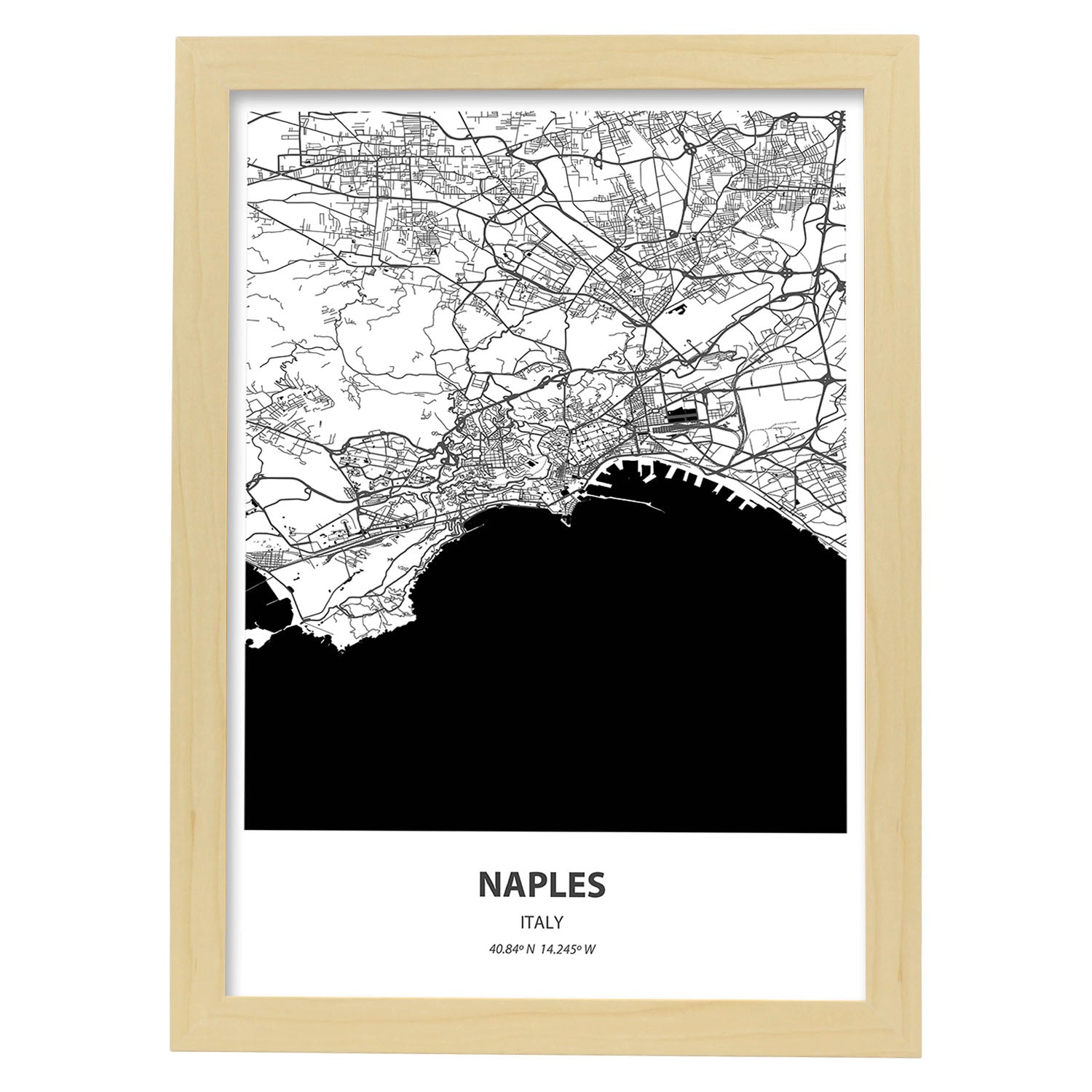 Poster con mapa de Naples - Italia. Láminas de ciudades de Italia con mares y ríos en color negro.-Artwork-Nacnic-A3-Marco Madera clara-Nacnic Estudio SL