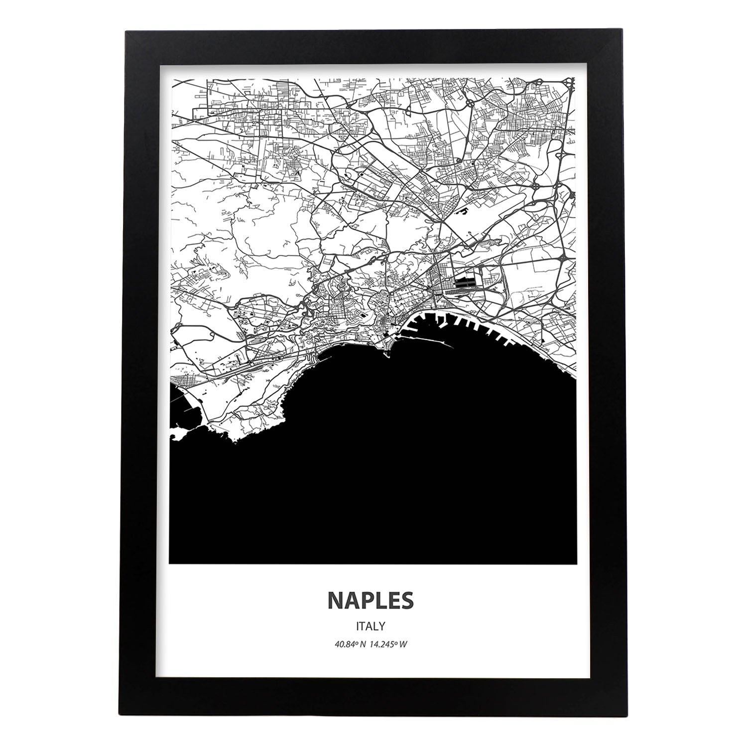 Poster con mapa de Naples - Italia. Láminas de ciudades de Italia con mares y ríos en color negro.-Artwork-Nacnic-A3-Marco Negro-Nacnic Estudio SL