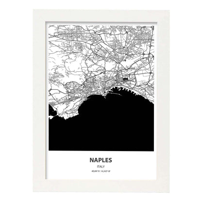 Poster con mapa de Naples - Italia. Láminas de ciudades de Italia con mares y ríos en color negro.-Artwork-Nacnic-A4-Marco Blanco-Nacnic Estudio SL