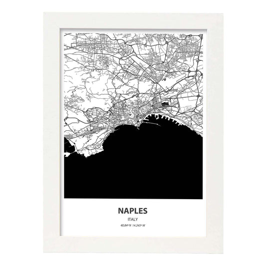 Poster con mapa de Naples - Italia. Láminas de ciudades de Italia con mares y ríos en color negro.-Artwork-Nacnic-A4-Marco Blanco-Nacnic Estudio SL