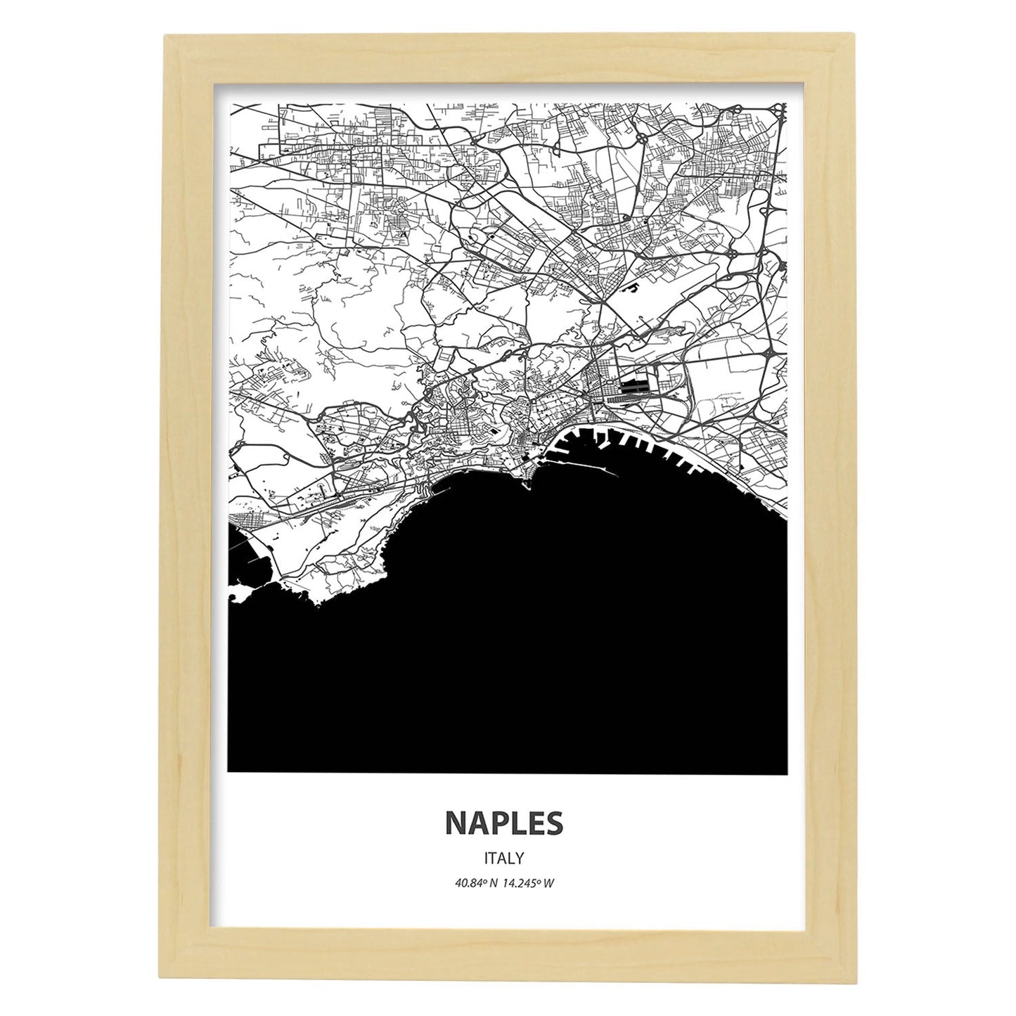Poster con mapa de Naples - Italia. Láminas de ciudades de Italia con mares y ríos en color negro.-Artwork-Nacnic-A4-Marco Madera clara-Nacnic Estudio SL