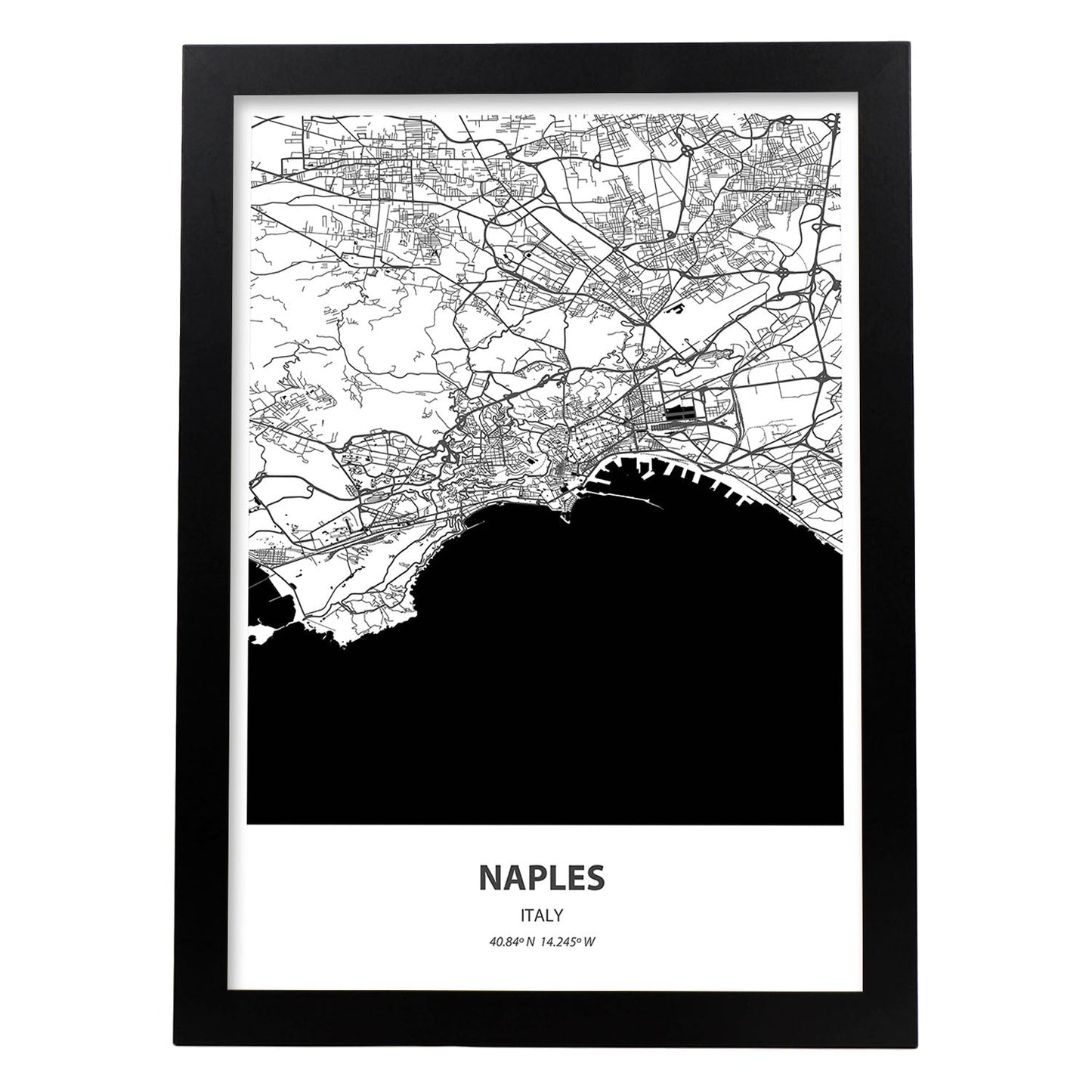 Poster con mapa de Naples - Italia. Láminas de ciudades de Italia con mares y ríos en color negro.-Artwork-Nacnic-A4-Marco Negro-Nacnic Estudio SL