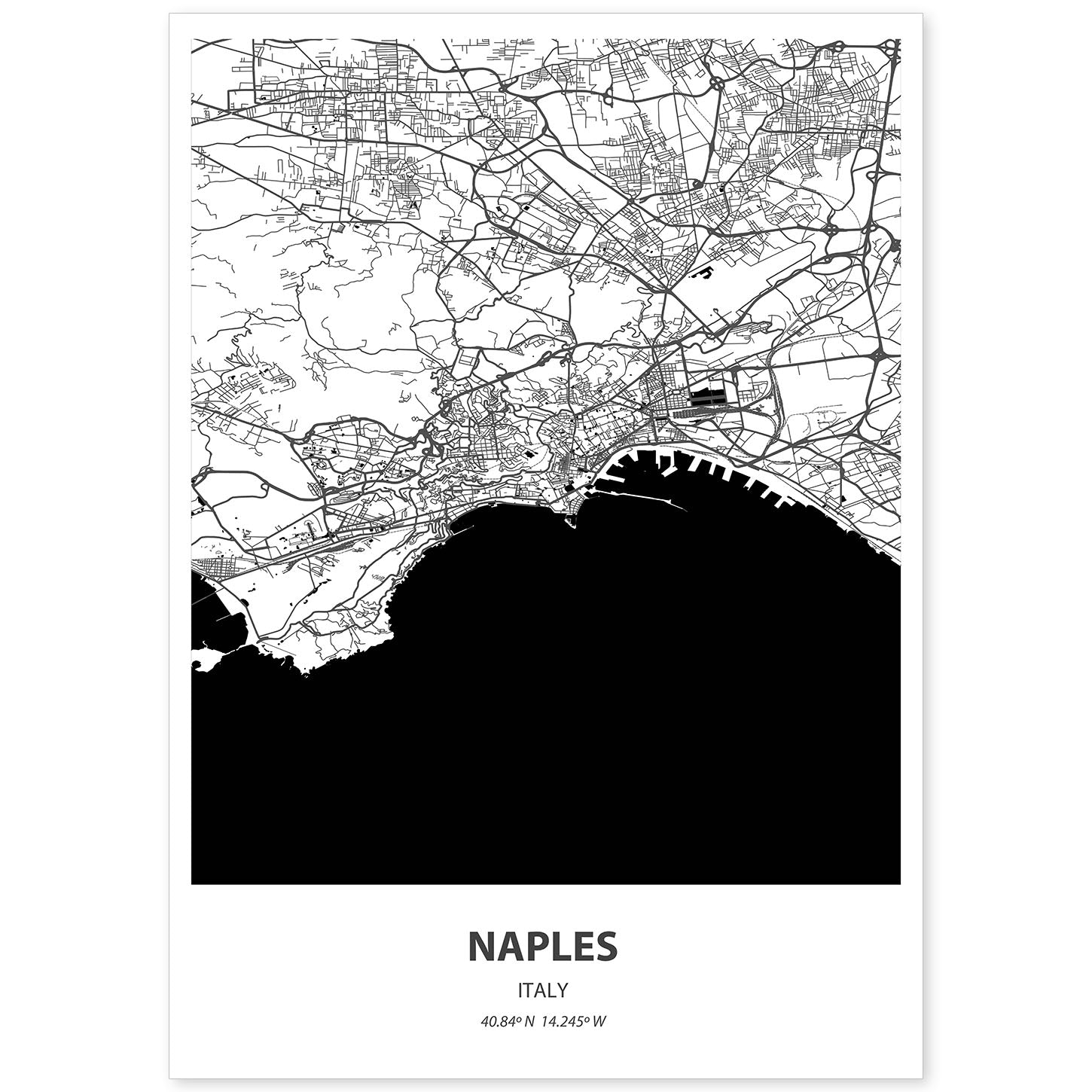 Poster con mapa de Naples - Italia. Láminas de ciudades de Italia con mares y ríos en color negro.-Artwork-Nacnic-A4-Sin marco-Nacnic Estudio SL