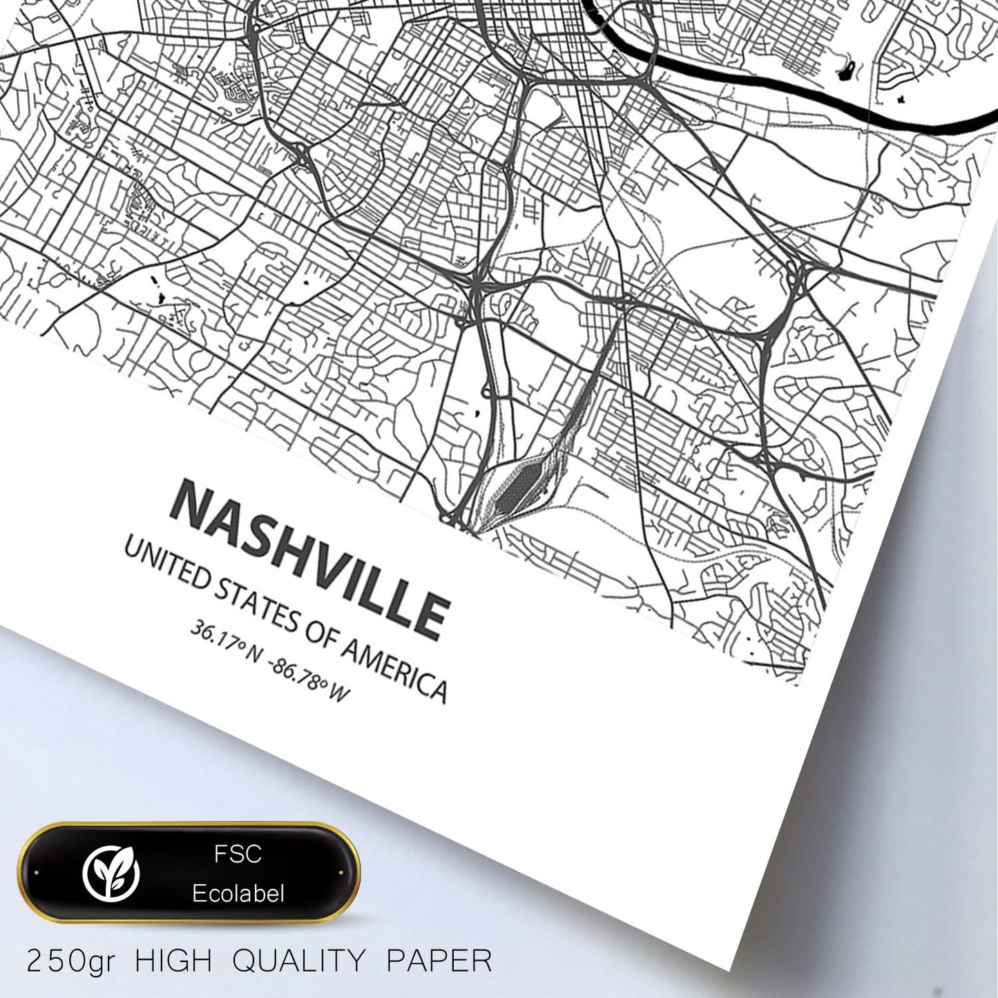 Poster con mapa de Nashville - USA. Láminas de ciudades de Estados Unidos con mares y ríos en color negro.-Artwork-Nacnic-Nacnic Estudio SL