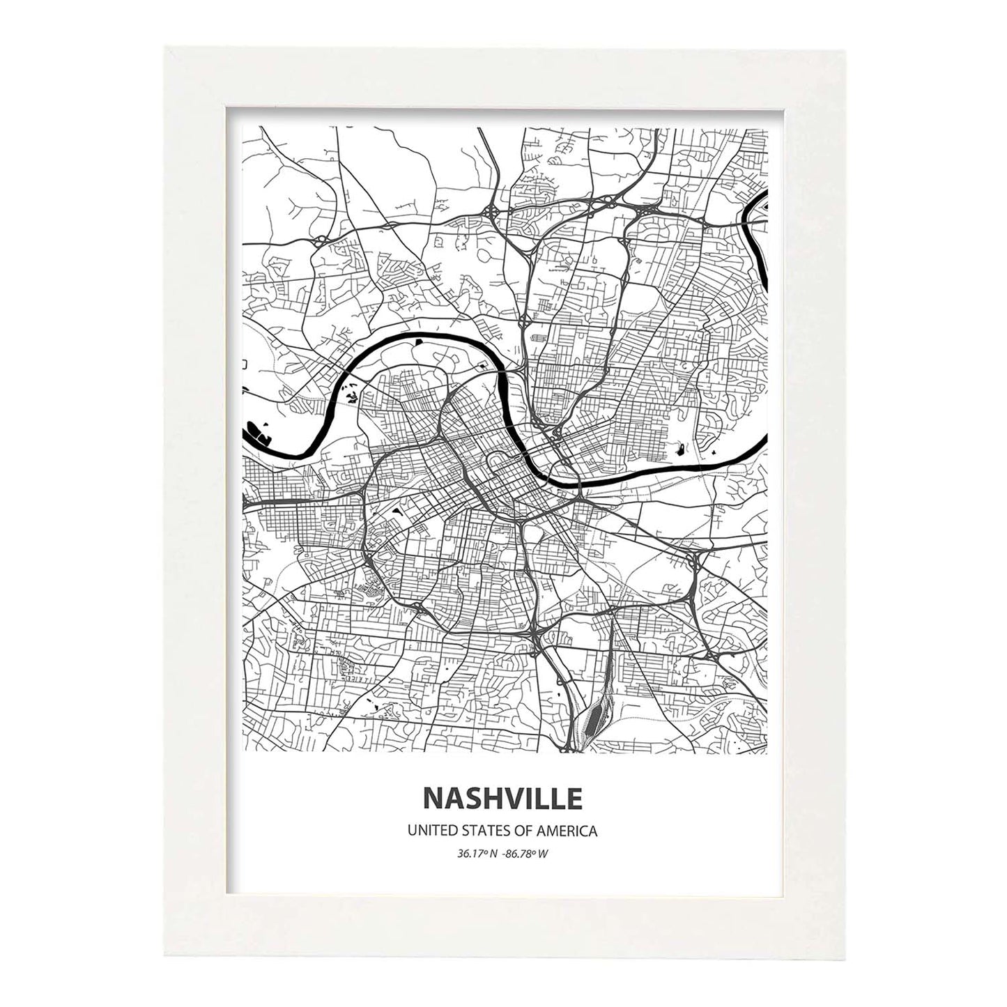 Poster con mapa de Nashville - USA. Láminas de ciudades de Estados Unidos con mares y ríos en color negro.-Artwork-Nacnic-A3-Marco Blanco-Nacnic Estudio SL