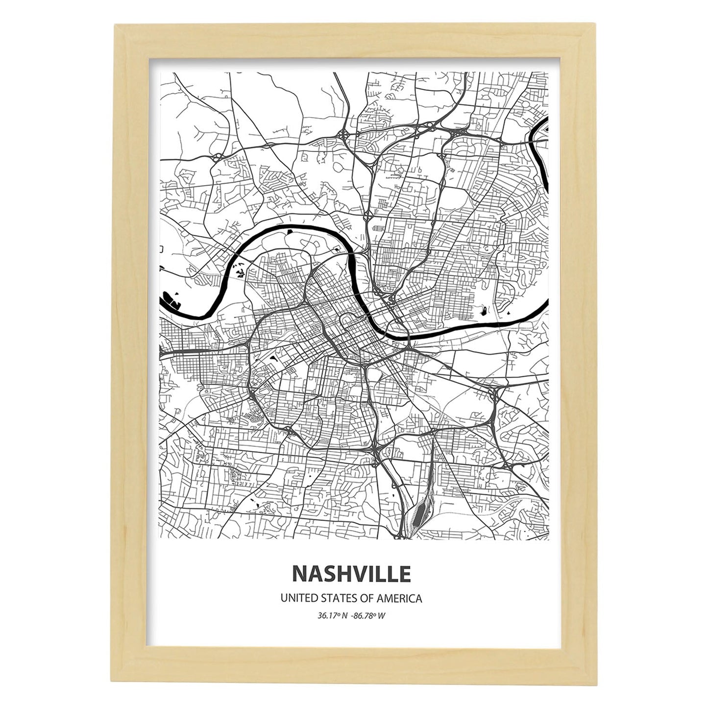 Poster con mapa de Nashville - USA. Láminas de ciudades de Estados Unidos con mares y ríos en color negro.-Artwork-Nacnic-A3-Marco Madera clara-Nacnic Estudio SL