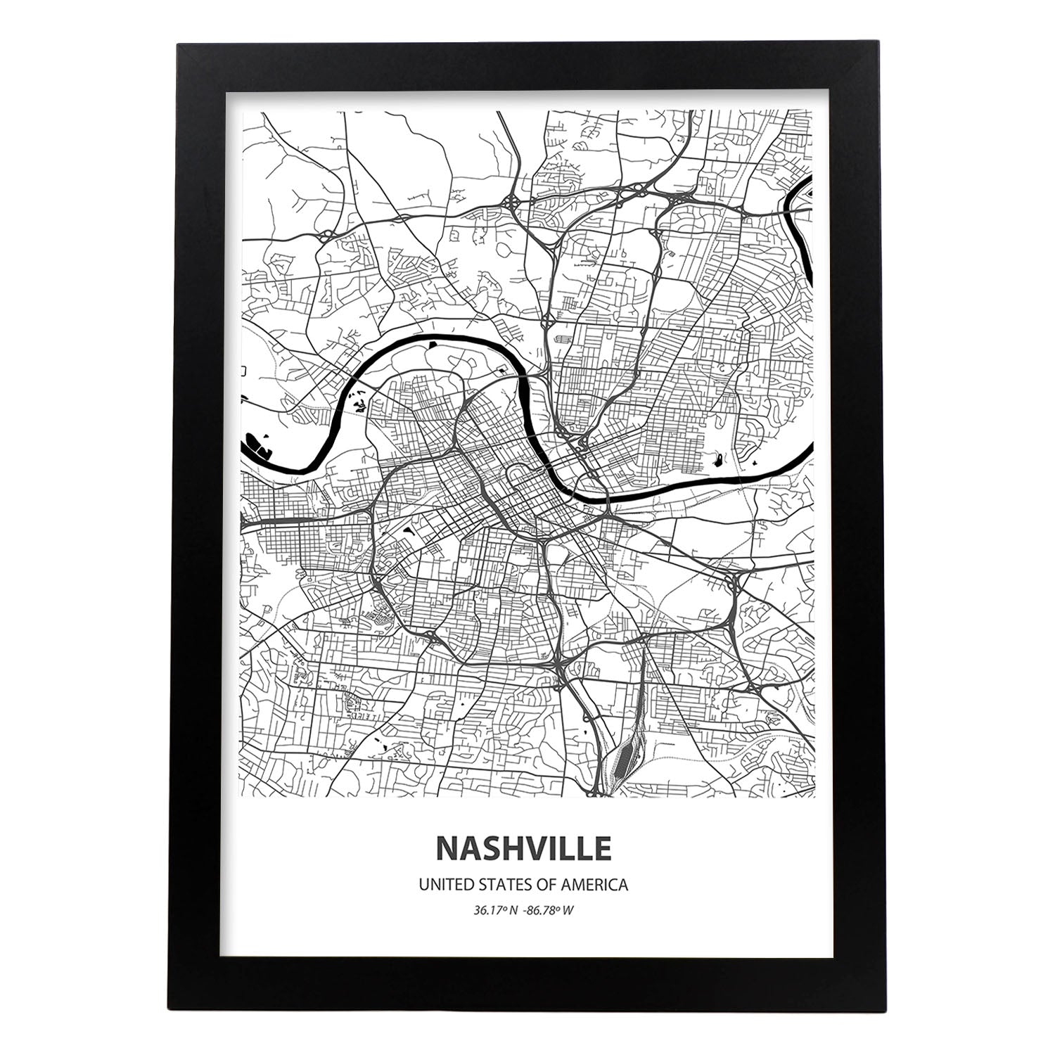 Poster con mapa de Nashville - USA. Láminas de ciudades de Estados Unidos con mares y ríos en color negro.-Artwork-Nacnic-A3-Marco Negro-Nacnic Estudio SL