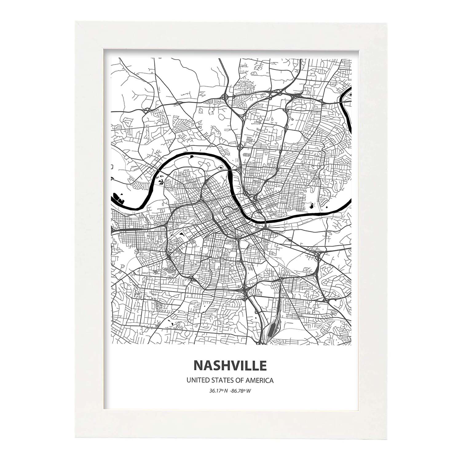 Poster con mapa de Nashville - USA. Láminas de ciudades de Estados Unidos con mares y ríos en color negro.-Artwork-Nacnic-A4-Marco Blanco-Nacnic Estudio SL