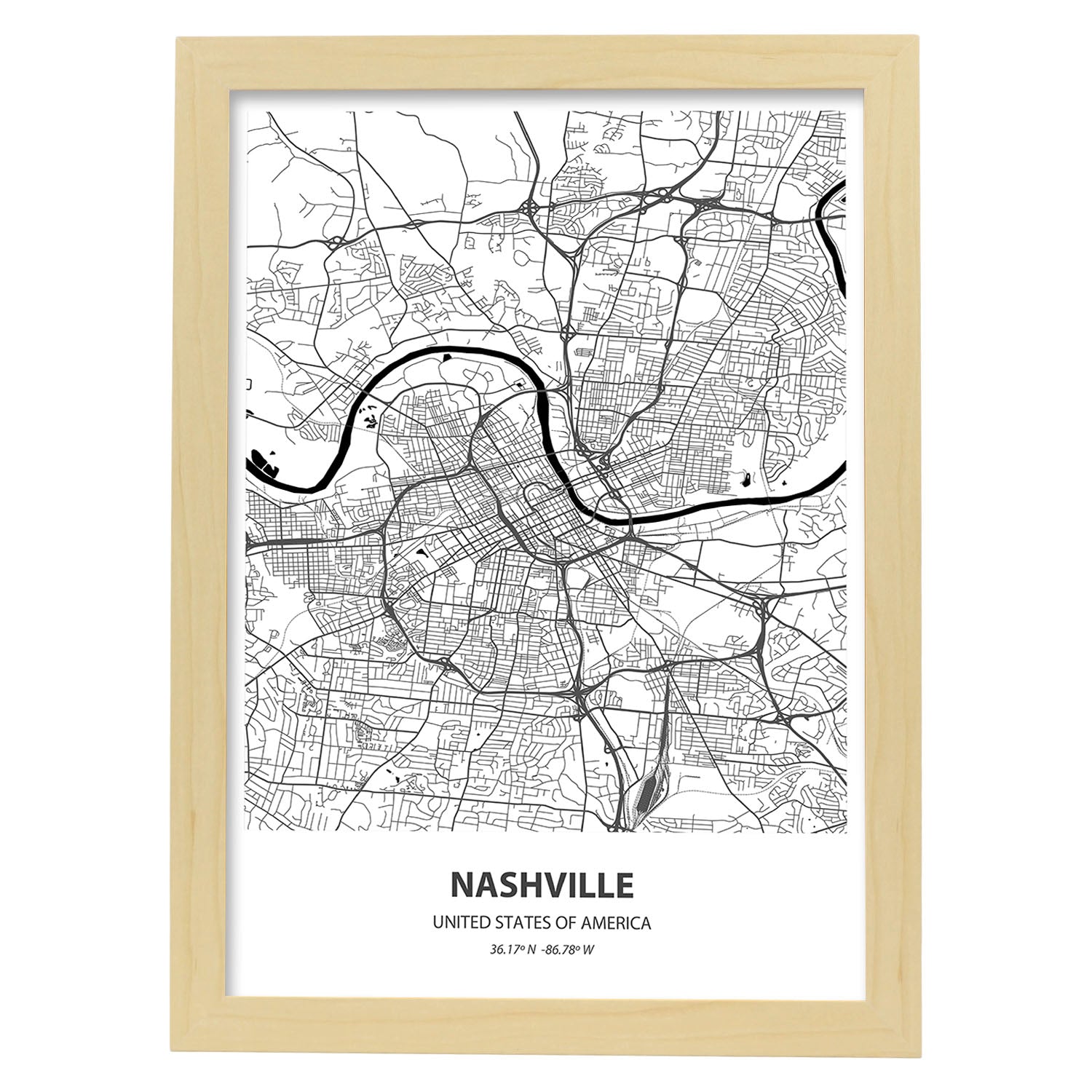 Poster con mapa de Nashville - USA. Láminas de ciudades de Estados Unidos con mares y ríos en color negro.-Artwork-Nacnic-A4-Marco Madera clara-Nacnic Estudio SL