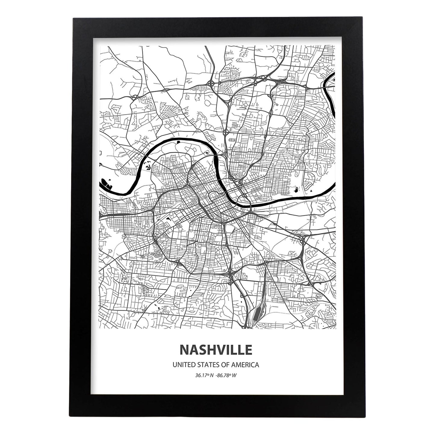Poster con mapa de Nashville - USA. Láminas de ciudades de Estados Unidos con mares y ríos en color negro.-Artwork-Nacnic-A4-Marco Negro-Nacnic Estudio SL