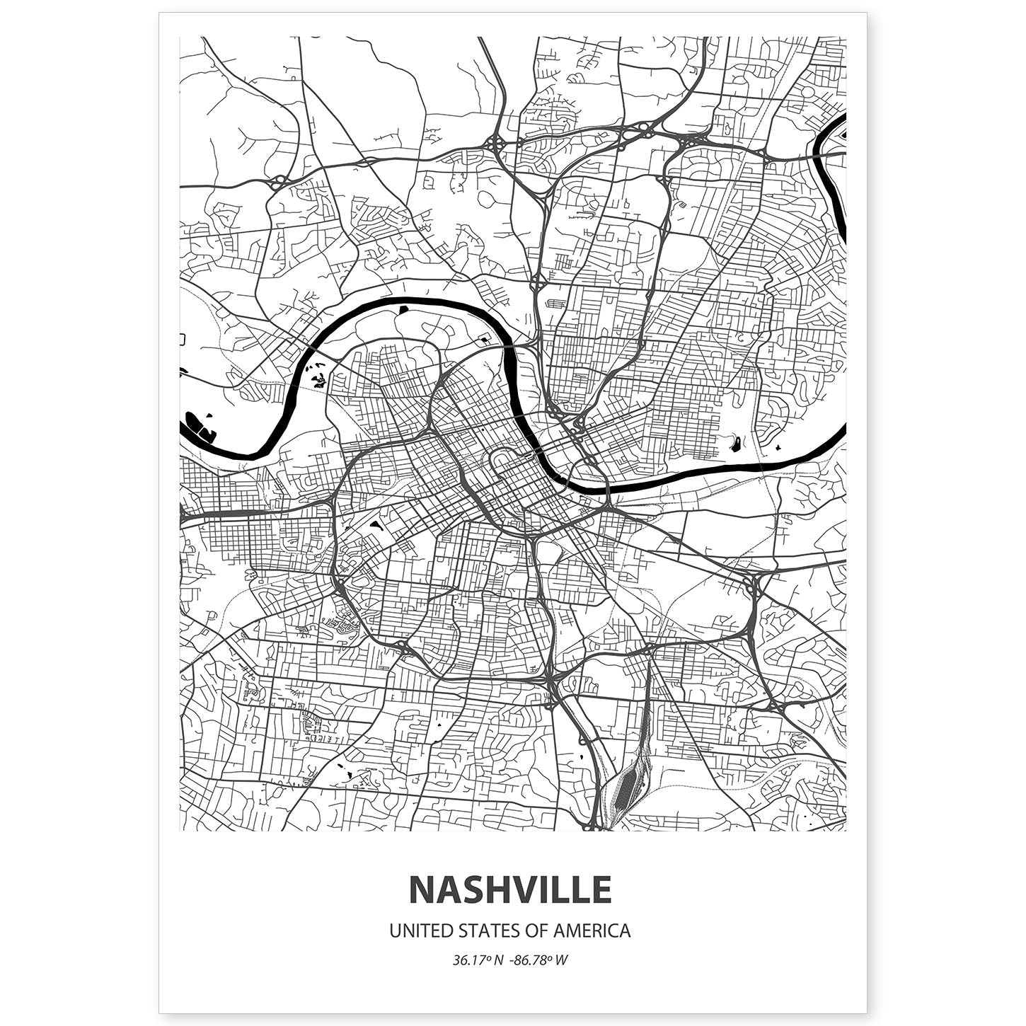 Poster con mapa de Nashville - USA. Láminas de ciudades de Estados Unidos con mares y ríos en color negro.-Artwork-Nacnic-A4-Sin marco-Nacnic Estudio SL