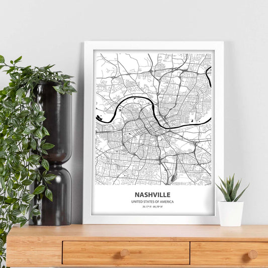 Poster con mapa de Nashville - USA. Láminas de ciudades de Estados Unidos con mares y ríos en color negro.-Artwork-Nacnic-Nacnic Estudio SL