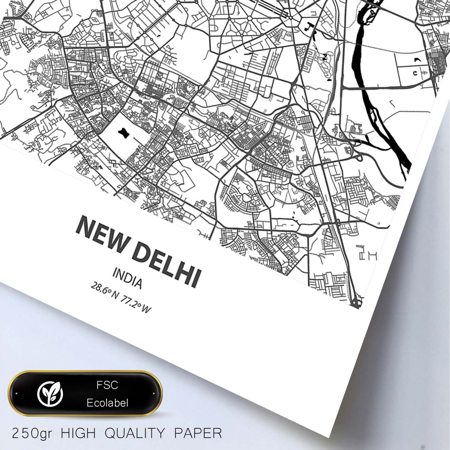 Poster con mapa de New Delhi - India. Láminas de ciudades de Asia con mares y ríos en color negro.-Artwork-Nacnic-Nacnic Estudio SL