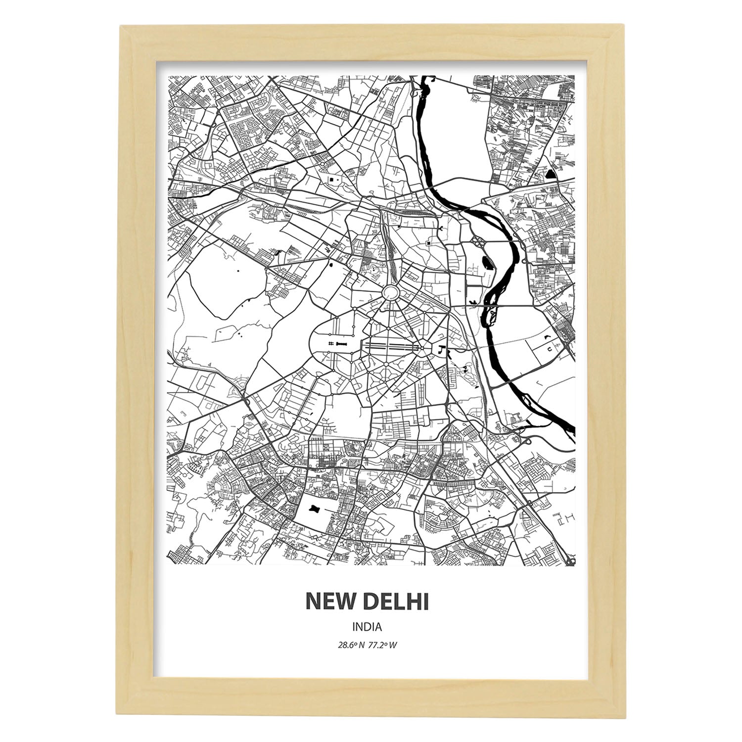 Poster con mapa de New Delhi - India. Láminas de ciudades de Asia con mares y ríos en color negro.-Artwork-Nacnic-A3-Marco Madera clara-Nacnic Estudio SL