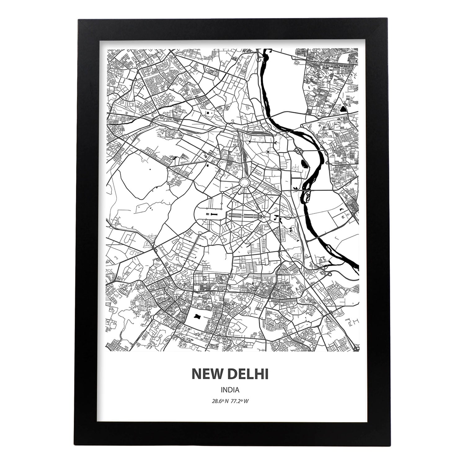 Poster con mapa de New Delhi - India. Láminas de ciudades de Asia con mares y ríos en color negro.-Artwork-Nacnic-A3-Marco Negro-Nacnic Estudio SL