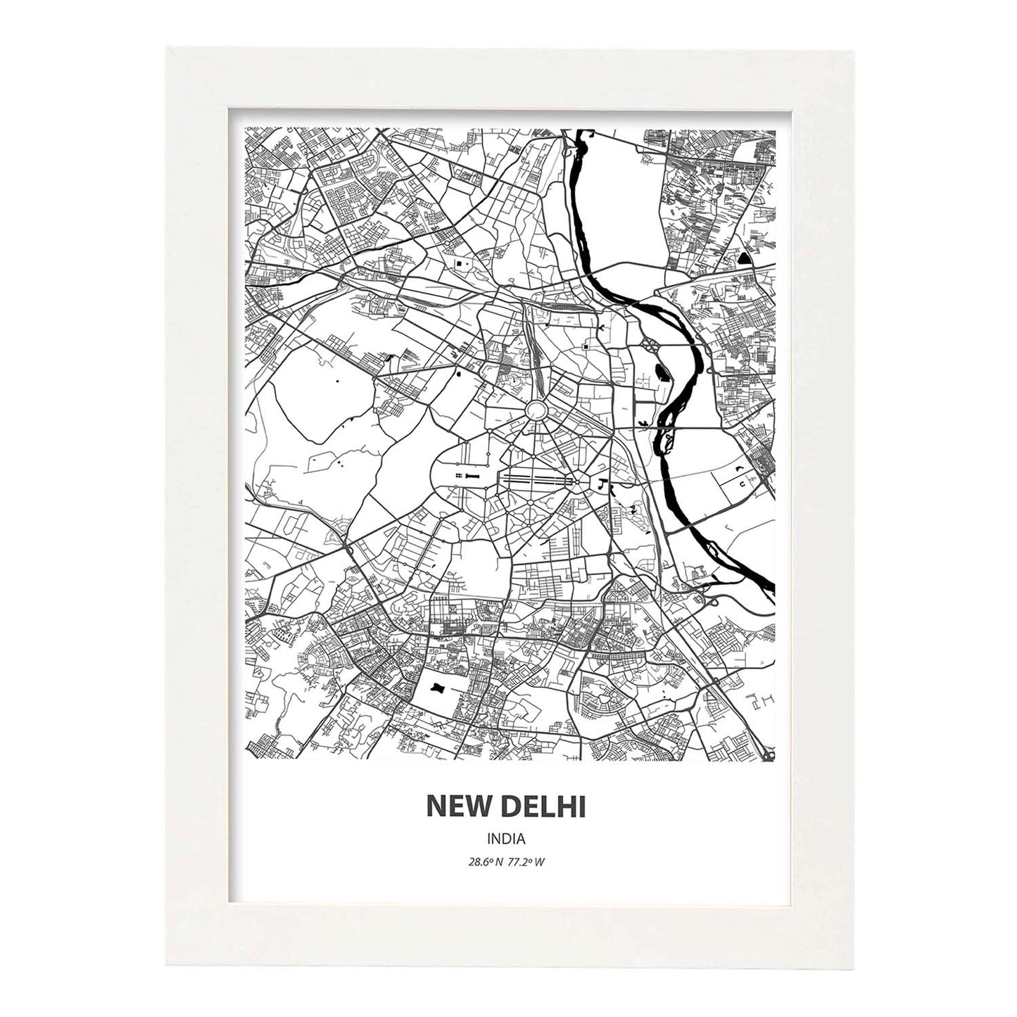 Poster con mapa de New Delhi - India. Láminas de ciudades de Asia con mares y ríos en color negro.-Artwork-Nacnic-A4-Marco Blanco-Nacnic Estudio SL