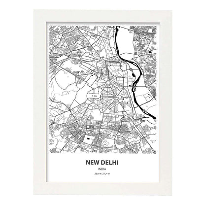 Poster con mapa de New Delhi - India. Láminas de ciudades de Asia con mares y ríos en color negro.-Artwork-Nacnic-A4-Marco Blanco-Nacnic Estudio SL