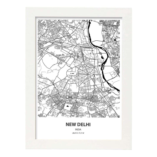 Poster con mapa de New Delhi - India. Láminas de ciudades de Asia con mares y ríos en color negro.-Artwork-Nacnic-A4-Marco Blanco-Nacnic Estudio SL