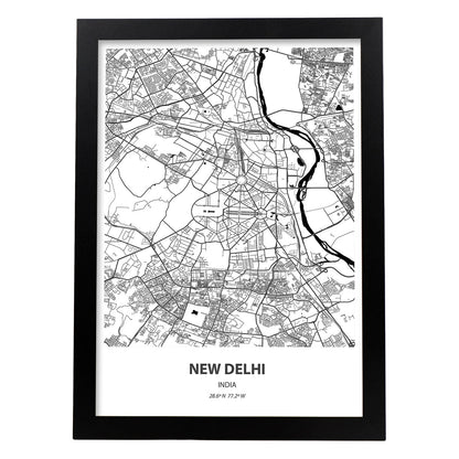 Poster con mapa de New Delhi - India. Láminas de ciudades de Asia con mares y ríos en color negro.-Artwork-Nacnic-A4-Marco Negro-Nacnic Estudio SL
