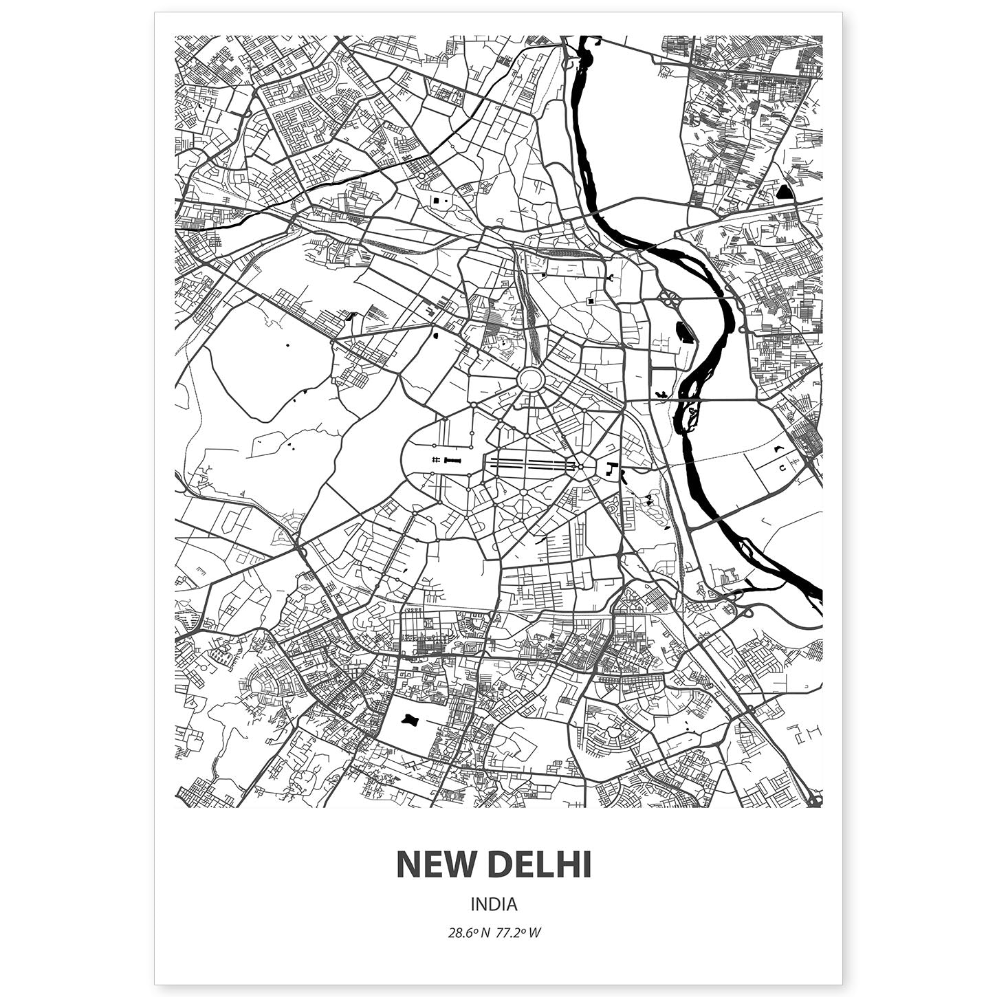 Poster con mapa de New Delhi - India. Láminas de ciudades de Asia con mares y ríos en color negro.-Artwork-Nacnic-A4-Sin marco-Nacnic Estudio SL