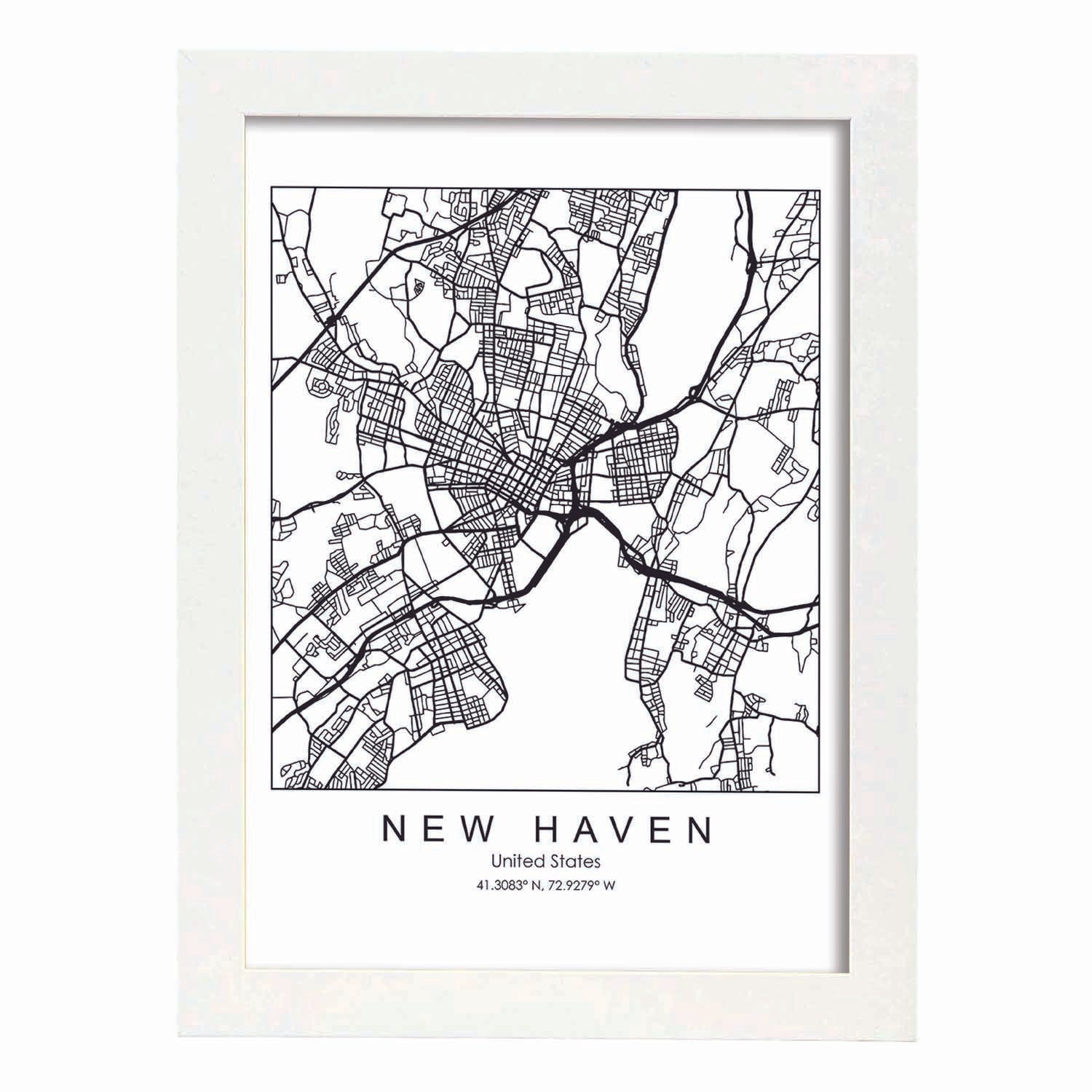 Poster con mapa de New Haven. Lámina de Estados Unidos, con imágenes de mapas y carreteras-Artwork-Nacnic-A3-Marco Blanco-Nacnic Estudio SL