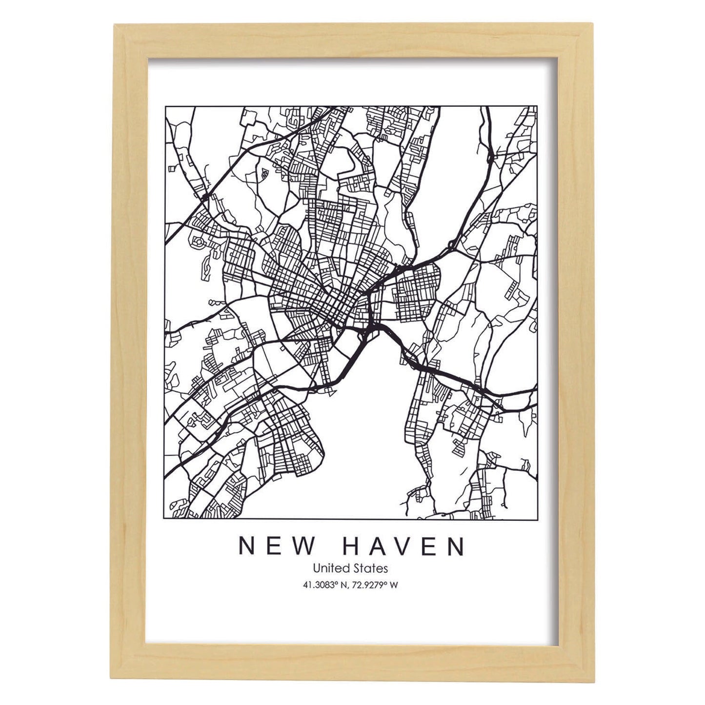 Poster con mapa de New Haven. Lámina de Estados Unidos, con imágenes de mapas y carreteras-Artwork-Nacnic-A3-Marco Madera clara-Nacnic Estudio SL