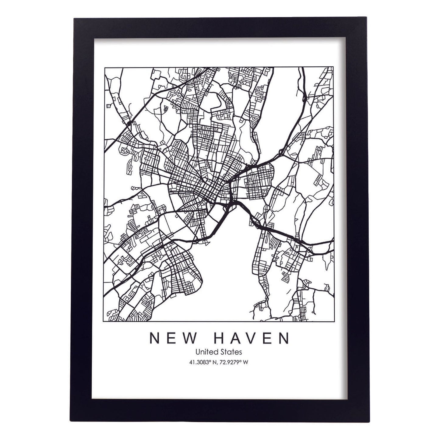 Poster con mapa de New Haven. Lámina de Estados Unidos, con imágenes de mapas y carreteras-Artwork-Nacnic-A3-Marco Negro-Nacnic Estudio SL