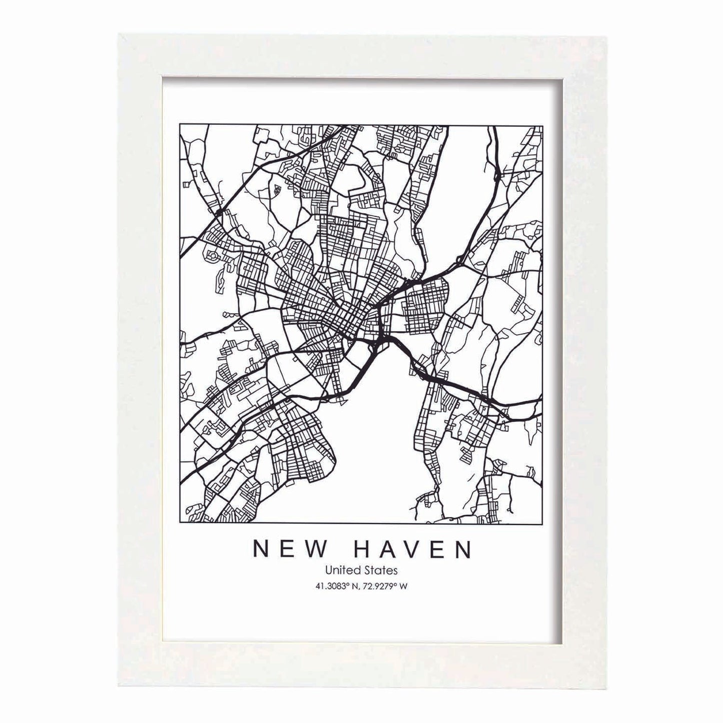 Poster con mapa de New Haven. Lámina de Estados Unidos, con imágenes de mapas y carreteras-Artwork-Nacnic-A4-Marco Blanco-Nacnic Estudio SL