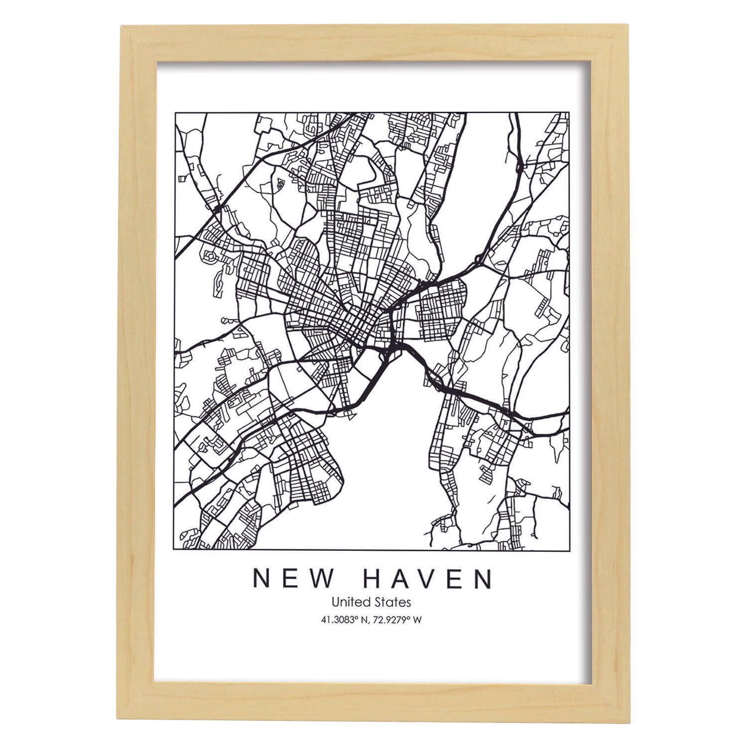 Poster con mapa de New Haven. Lámina de Estados Unidos, con imágenes de mapas y carreteras-Artwork-Nacnic-A4-Marco Madera clara-Nacnic Estudio SL