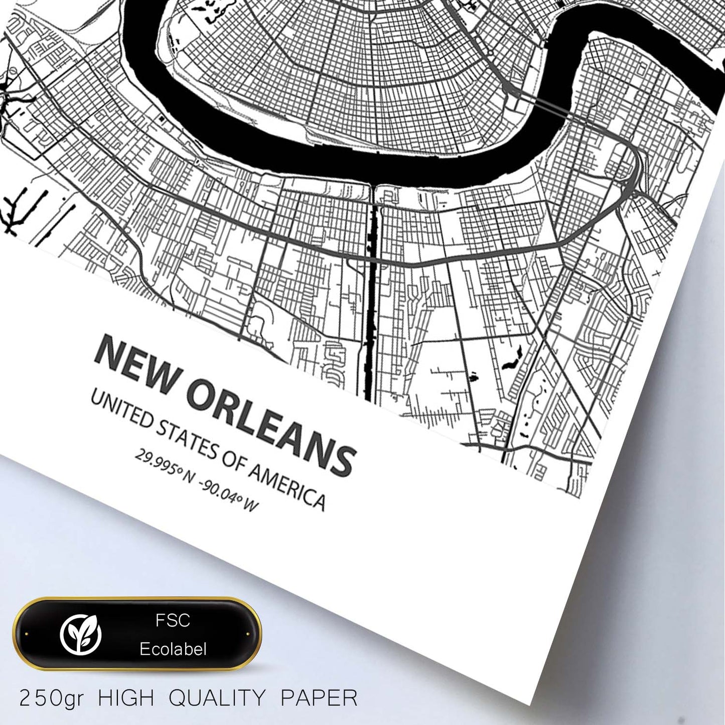 Poster con mapa de New Orleans - USA. Láminas de ciudades de Estados Unidos con mares y ríos en color negro.-Artwork-Nacnic-Nacnic Estudio SL