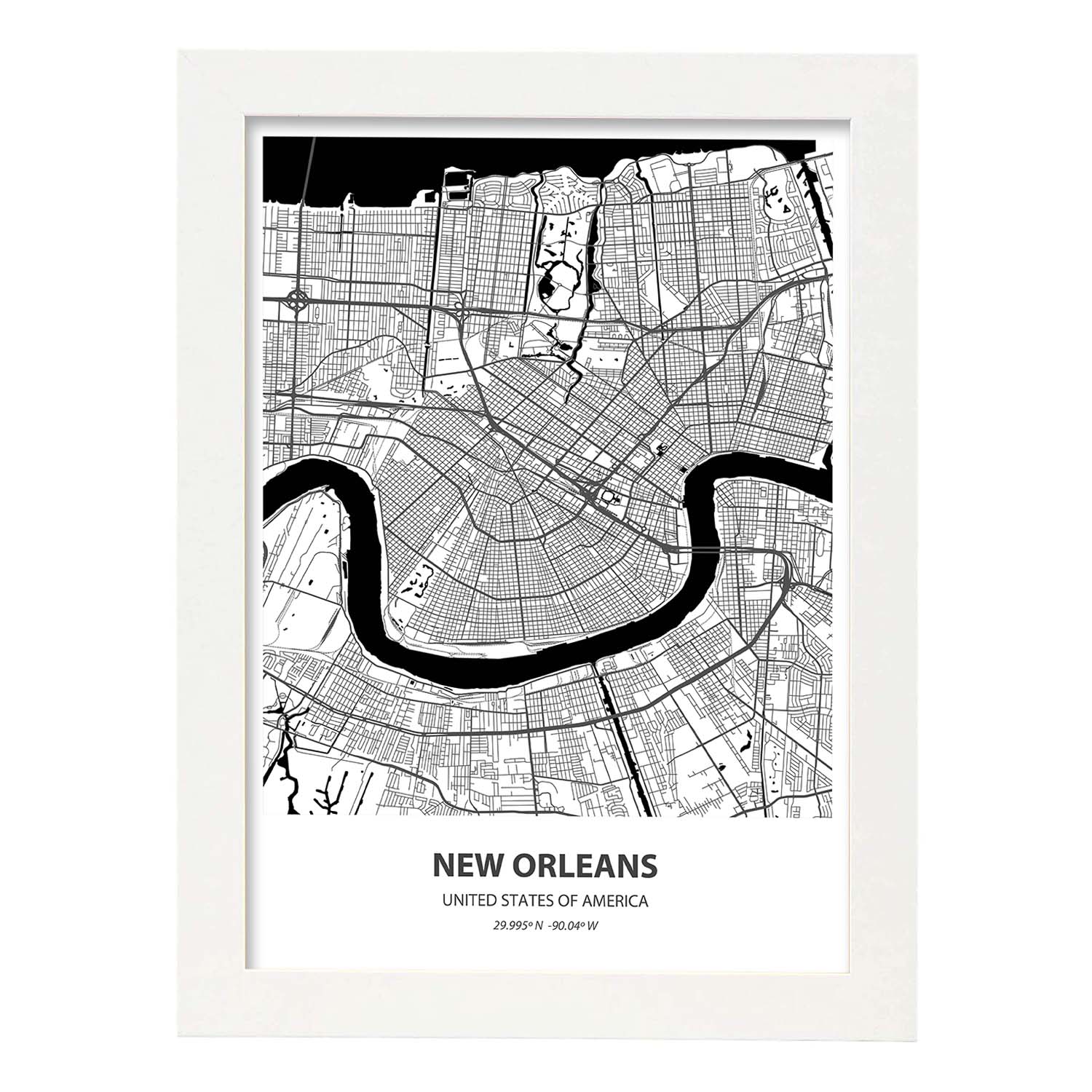 Poster con mapa de New Orleans - USA. Láminas de ciudades de Estados Unidos con mares y ríos en color negro.-Artwork-Nacnic-A3-Marco Blanco-Nacnic Estudio SL