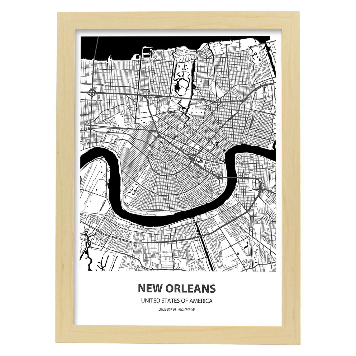 Poster con mapa de New Orleans - USA. Láminas de ciudades de Estados Unidos con mares y ríos en color negro.-Artwork-Nacnic-A3-Marco Madera clara-Nacnic Estudio SL