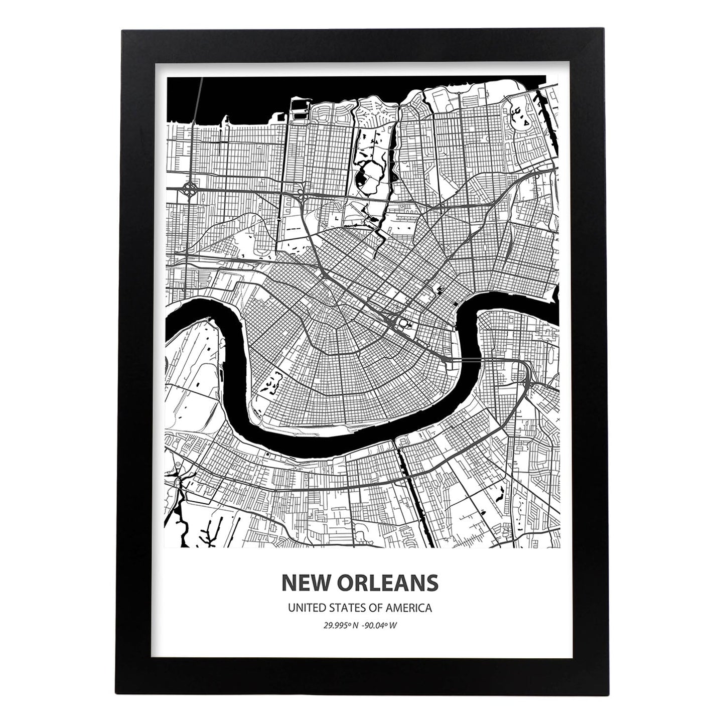 Poster con mapa de New Orleans - USA. Láminas de ciudades de Estados Unidos con mares y ríos en color negro.-Artwork-Nacnic-A3-Marco Negro-Nacnic Estudio SL