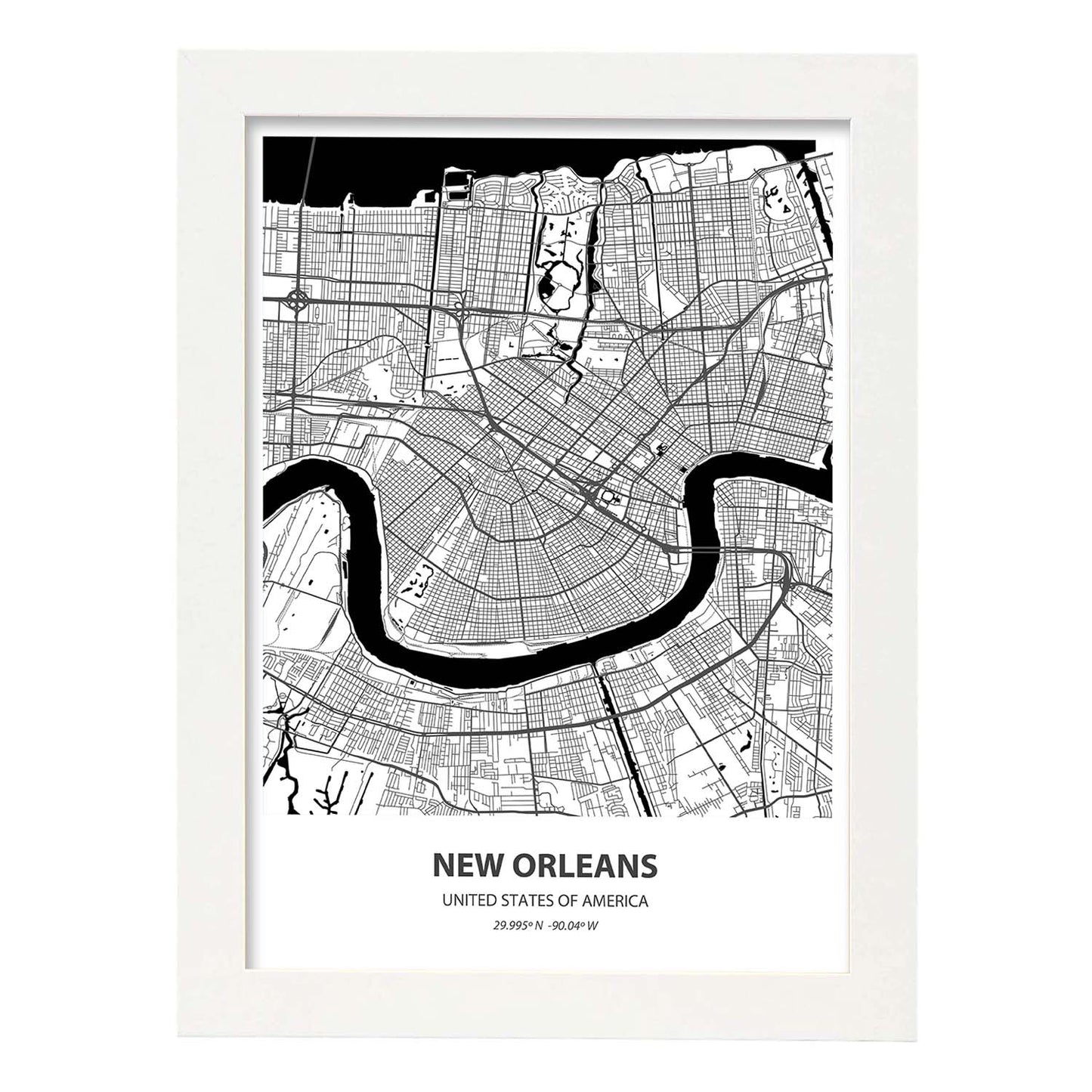Poster con mapa de New Orleans - USA. Láminas de ciudades de Estados Unidos con mares y ríos en color negro.-Artwork-Nacnic-A4-Marco Blanco-Nacnic Estudio SL