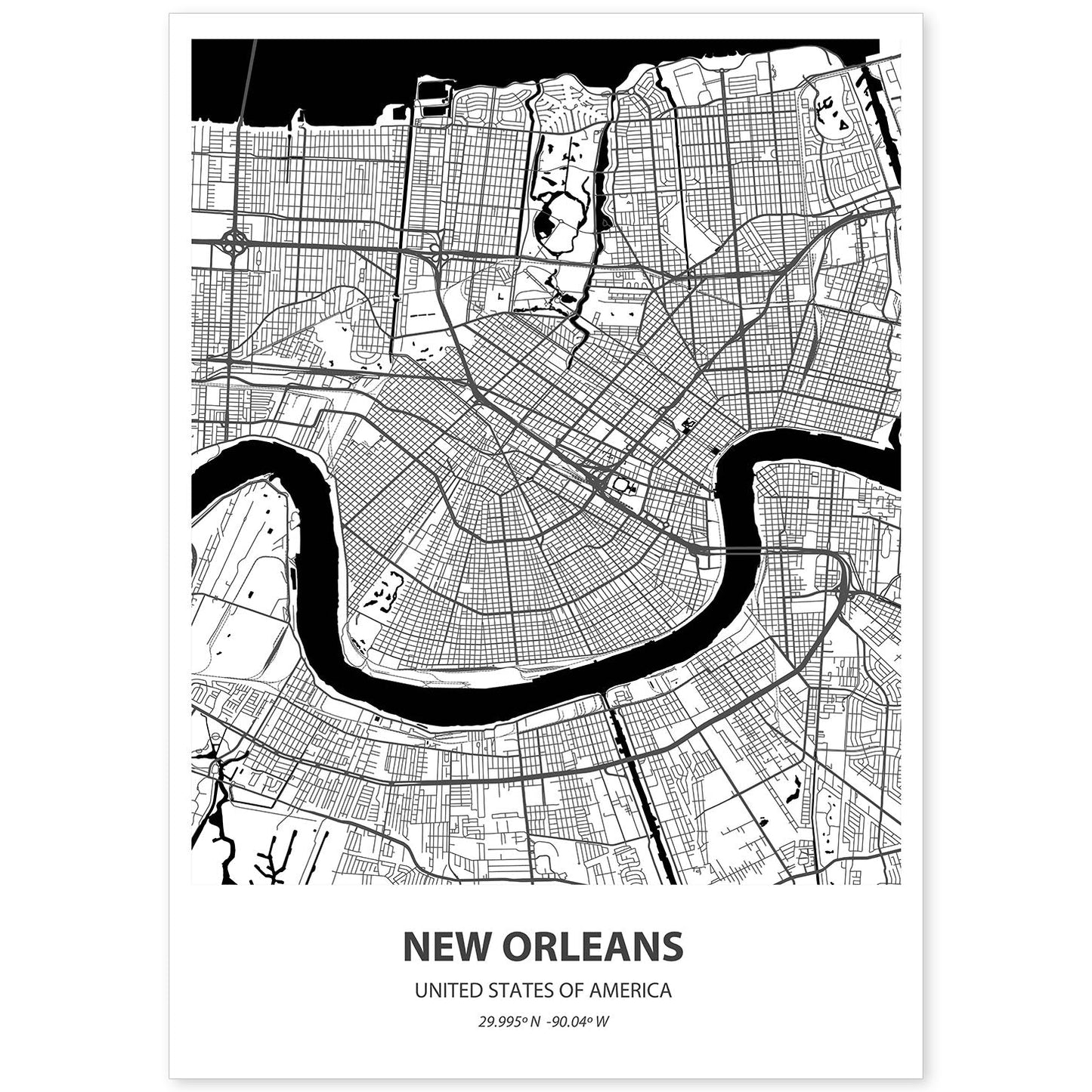 Poster con mapa de New Orleans - USA. Láminas de ciudades de Estados Unidos con mares y ríos en color negro.-Artwork-Nacnic-A4-Sin marco-Nacnic Estudio SL